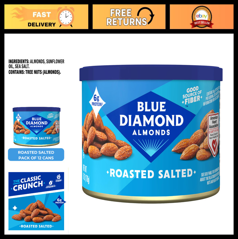 Roasted Salted Almonds Snack Nuts, 6oz Can, Pack of 12 – Healthy Crunchy Treats