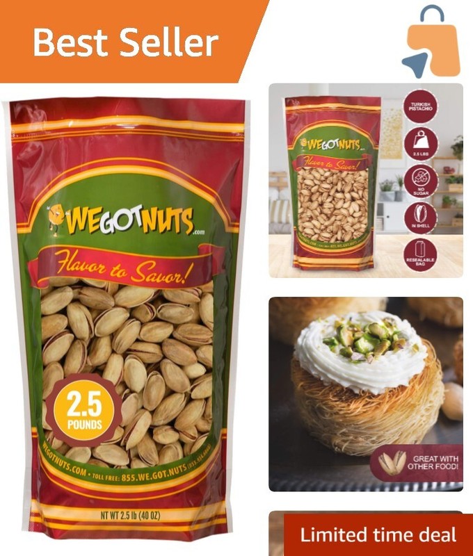 Gourmet 2.5 lbs Turkish Antep Pistachios – Natural, Salted, Resealable Freshness