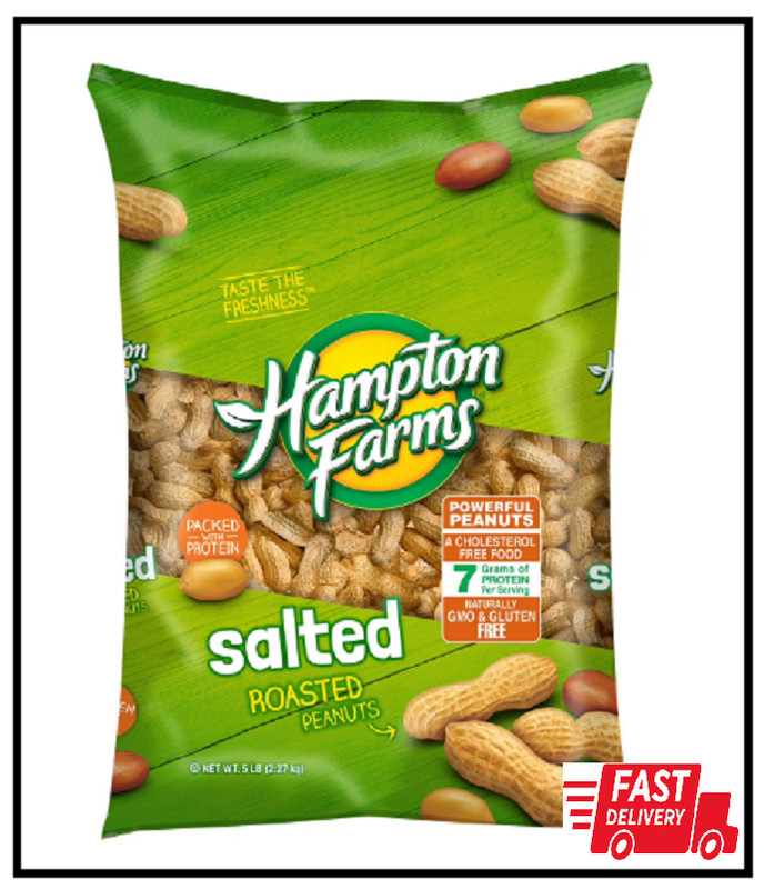 5 PACK - Hampton Farms Salted In-Shell Peanuts 5 lb (Total 25 lbs) FRESH!!