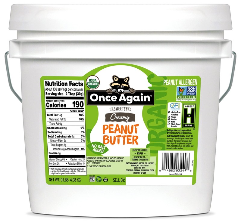 Organic Creamy Peanut Butter 9lb Bucket Salt Free Unsweetened Vegan Kosher