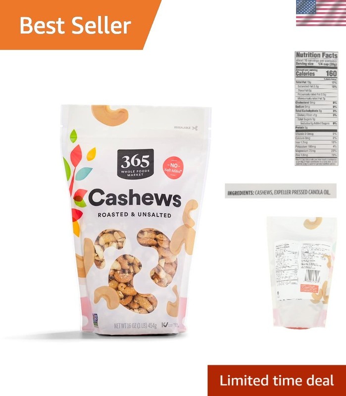 Gourmet Roasted Unsalted Cashews – 16 Ounce Resealable Bag of Healthy Snacking