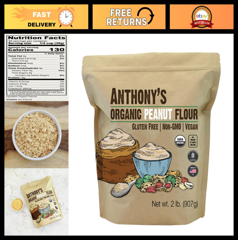 Organic Defatted Peanut Flour - 2 lb Light Roast, Gluten Free, High Protein