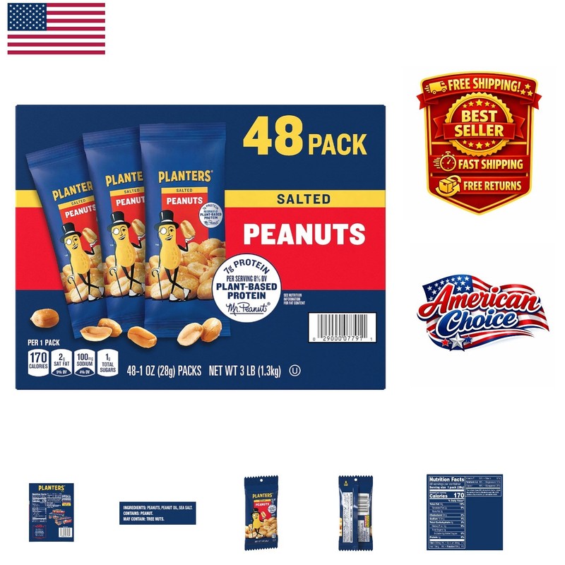 Salted Peanuts – 48 Convenient 1oz Packs, Simple Ingredients and Flavorful