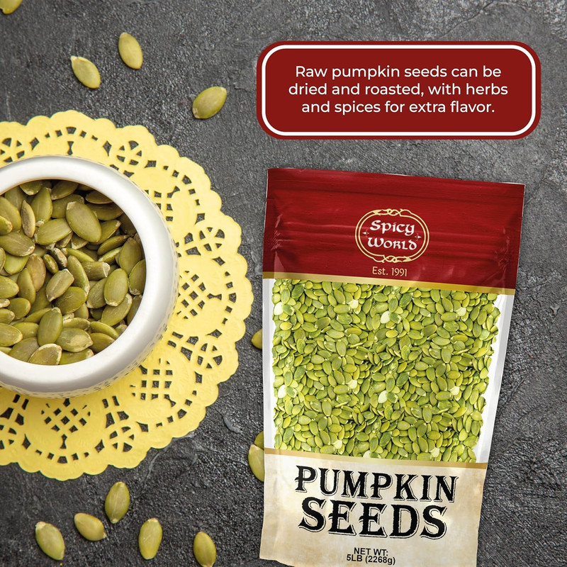 Raw Pumpkin Seeds 5 LB Jumbo Bag - Shelled, AAA Grade, Unsalted, Dry, Vegan, Bul gallery