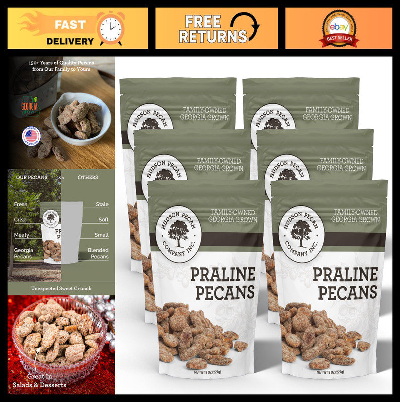 Gourmet Praline Roasted Georgia Pecans | Candied Southern Snack, 8 oz Pouch, 6-P