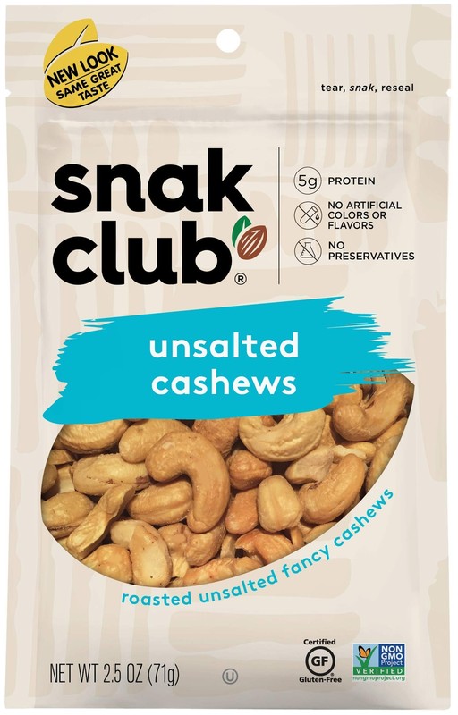 Snak Club Roasted & Unsalted Cashews 2.5 oz, 6 CT