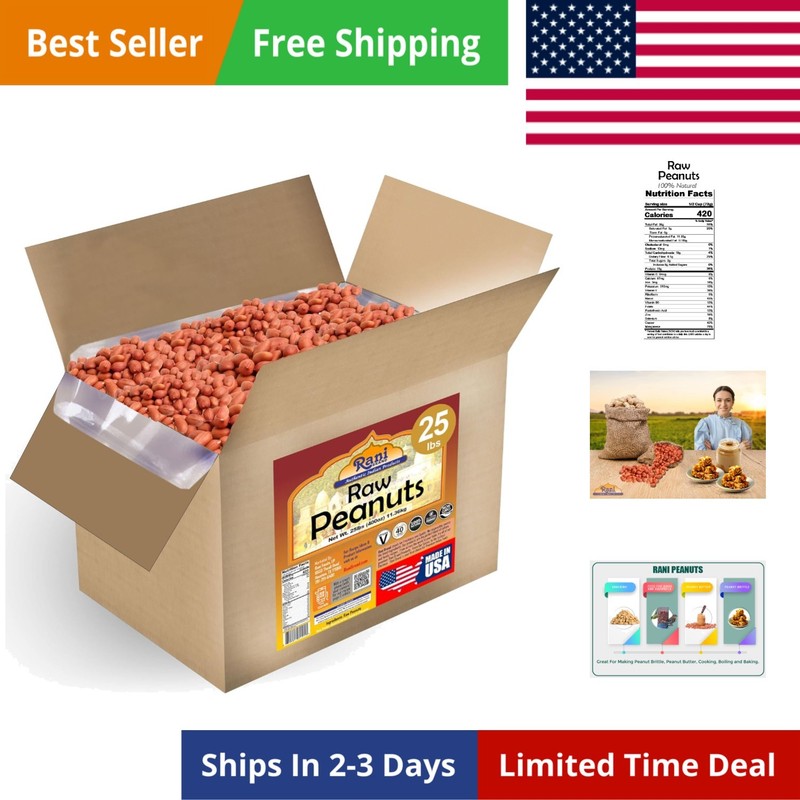 Rani Peanuts, Raw Whole With Skin uncooked, unsalted 25lbs 400oz 11.36kg Bulk…