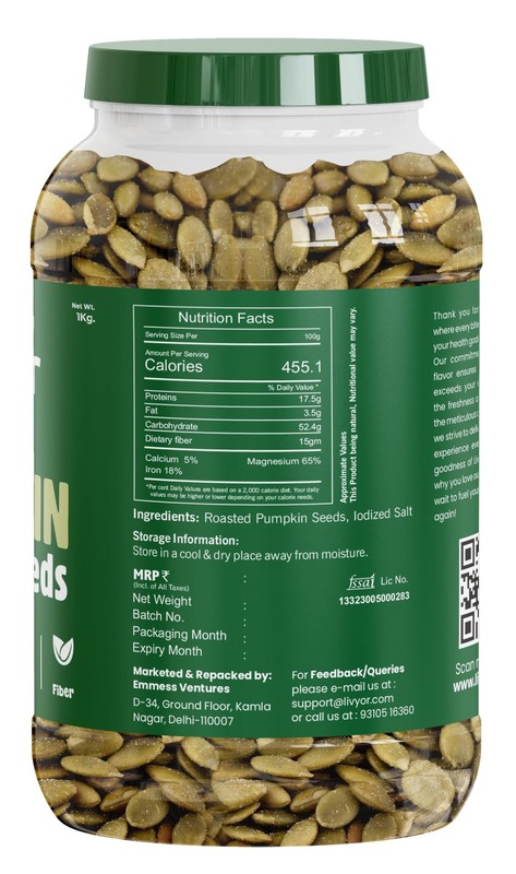 Livyor Roasted Pumpkin Seeds 1kg | Lightly Salted | Protein & Fiber Snack gallery