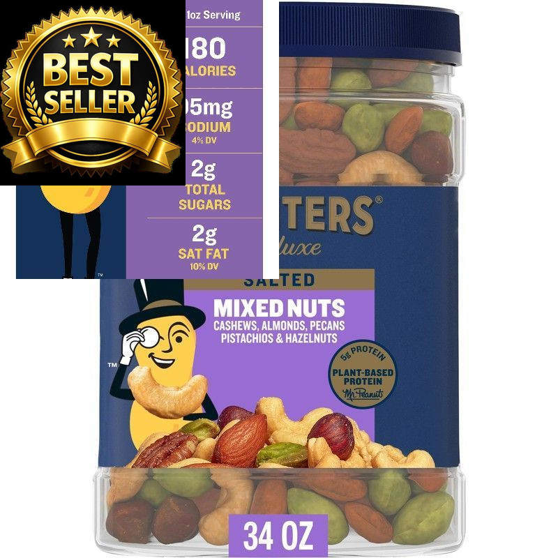 PLANTERS Deluxe Salted Mixed Nuts, Roasted Cashews, 34 Ounce (Pack of 1)