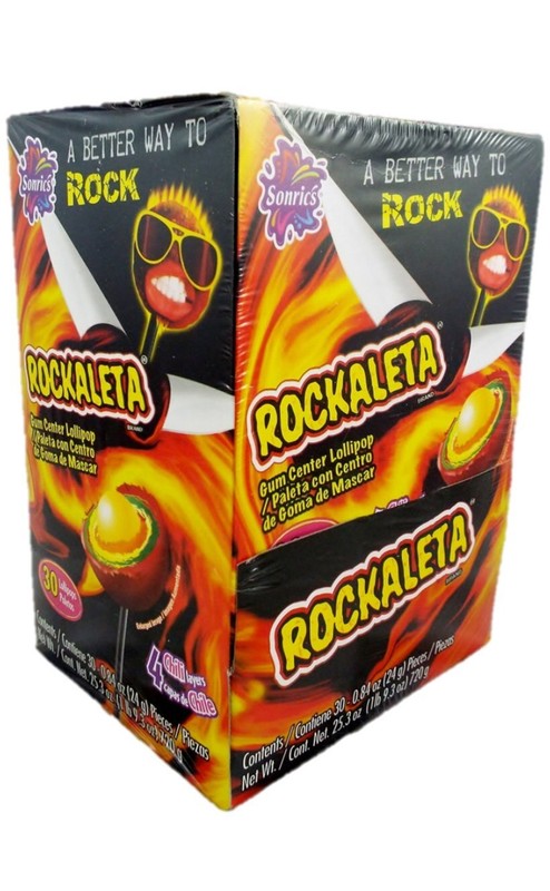 Sonrics Rockaleta Lollipop Chili Layered with Gum Center -19 Pounds 30 Ct Case