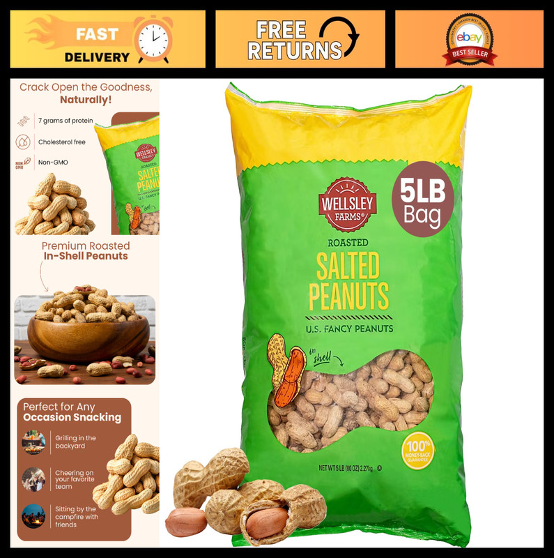Salted Roasted Peanuts in Shell – Non-GMO, Gluten-Free, Vegan Snack, 5 lb Bag