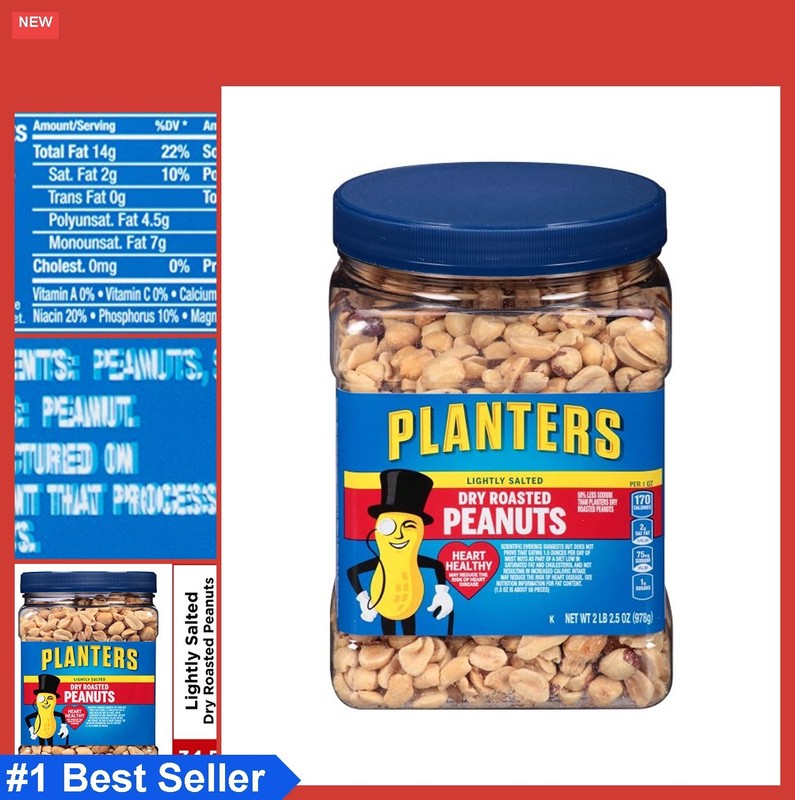 Dry Roasted Peanuts Lightly Salted 34.5 oz Jar Resealable Airtight Container