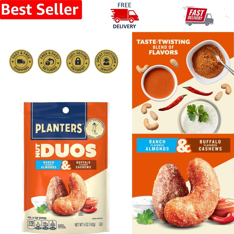 Nut Duos: Gourmet Ranch Almonds & Buffalo Cashews 5oz - Resealable Snack Pack