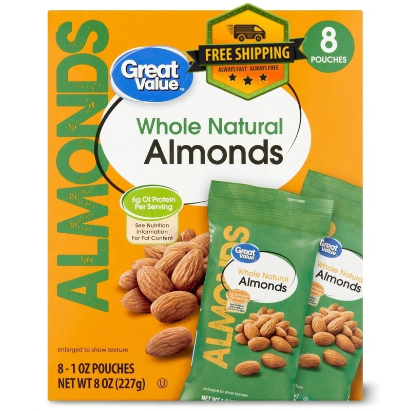 Great Value Whole Natural Almonds, 1 oz, 8-Count Pack