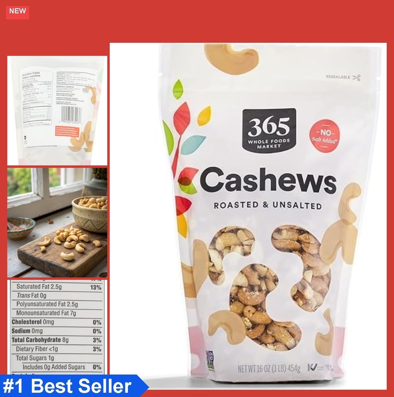 Roasted Unsalted Cashews 16 Ounce Kosher Resealable Bag Pantry Snack