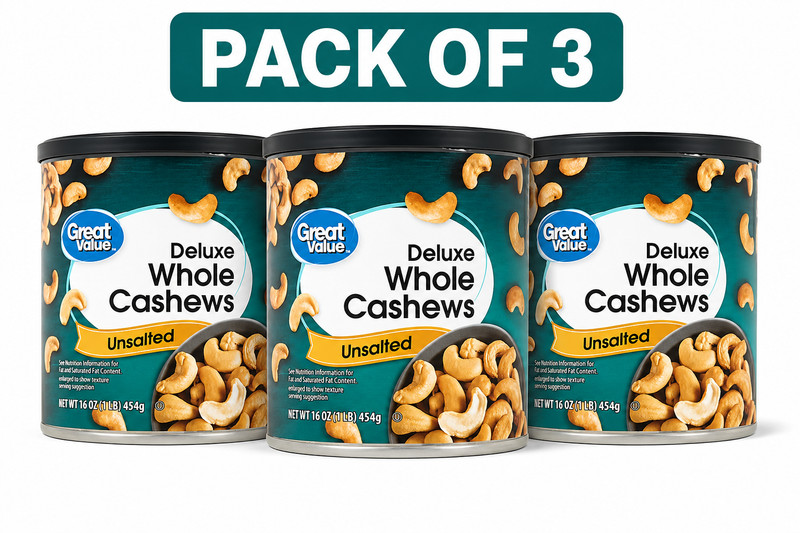 Great Value Deluxe Whole Cashews, Unsalted, 16 oz NEW