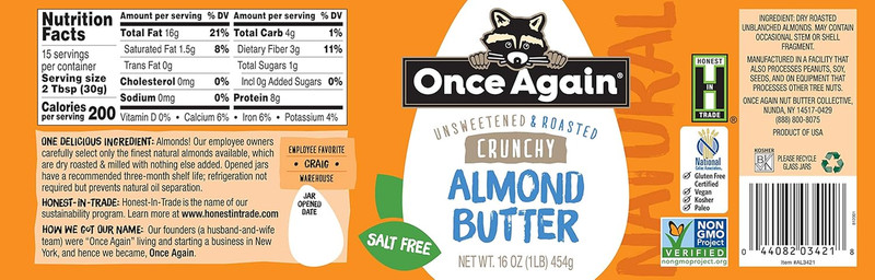 Natural Crunchy Almond Butter, 16Oz - Roasted - Salt Free, Unsweetened - Gluten gallery