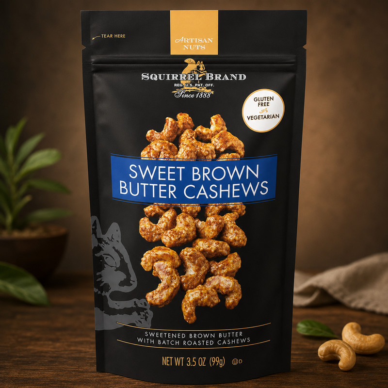 Sweet Brown Butter Cashews, 3.5 oz Resealable Bag, Gourmet Flavored Cashews Nuts