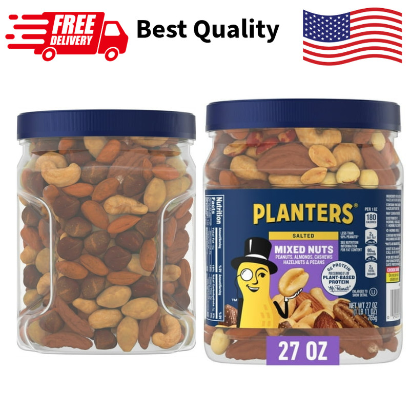 Planters Salted Mixed Nuts 27oz Canister Party Snacks Plant Based Protein Bulk N