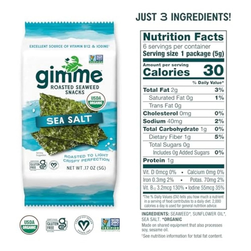 Gimme Seaweed Organic Roasted Seaweed Snacks – Sea Salt, 6 Count, Keto, Vegan, G gallery