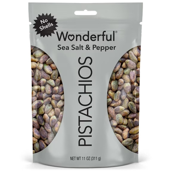 WONDERFUL PISTACHIOS, NO SHELL, SEA SALT AND PEPPER 11oz RESEALABLE POUCH