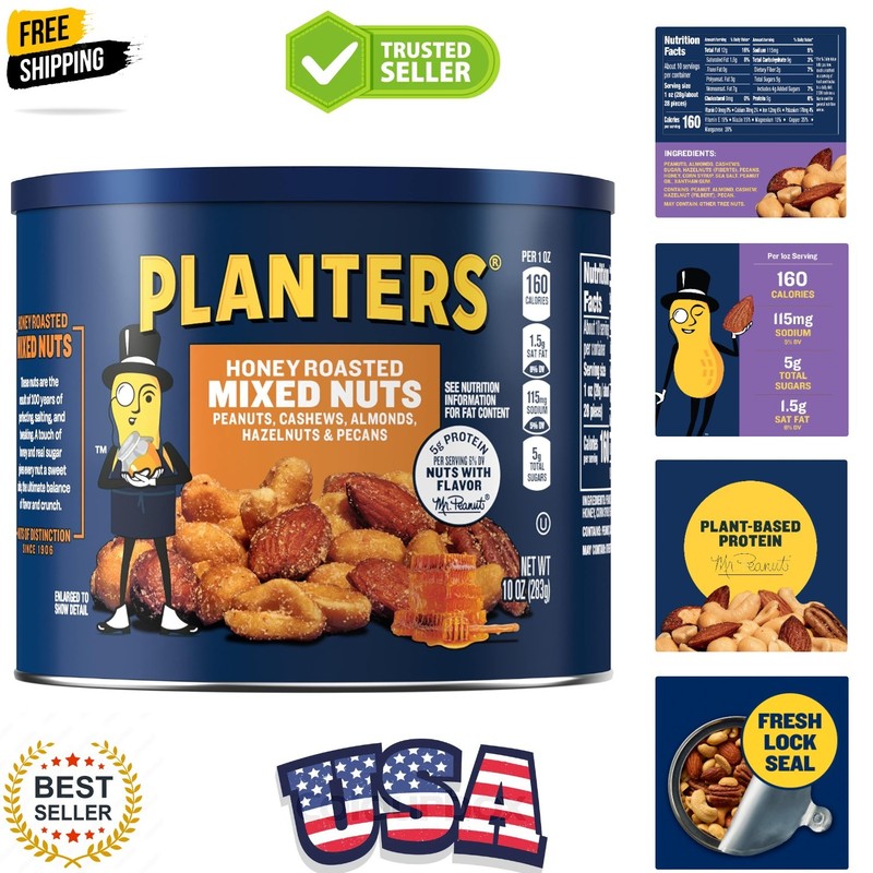 Mixed Nuts Honey Roasted, Party Snacks, Plant-Based Protein, 10 oz Canister P…