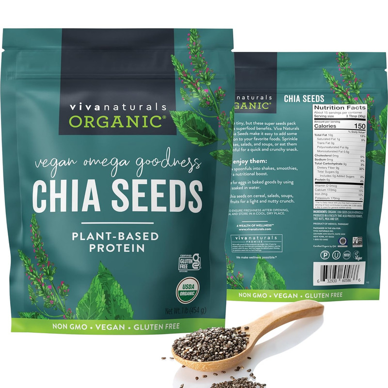 Organic Chia Seeds, 1 Lb (454 G) – Plant-Based Omega-3 and Vegan Protein, Gluten