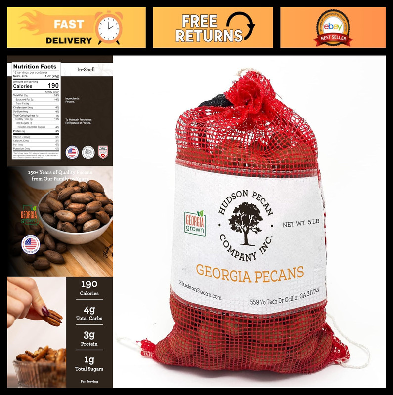 Georgia Grown Premium Pecans – Classic In-Shell Nuts, Gluten-Free, Keto Snack, 5
