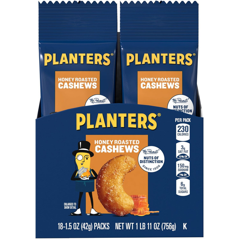 Planters Honey Roasted & Salted Cashews 1.5 Ounce Pack of 18