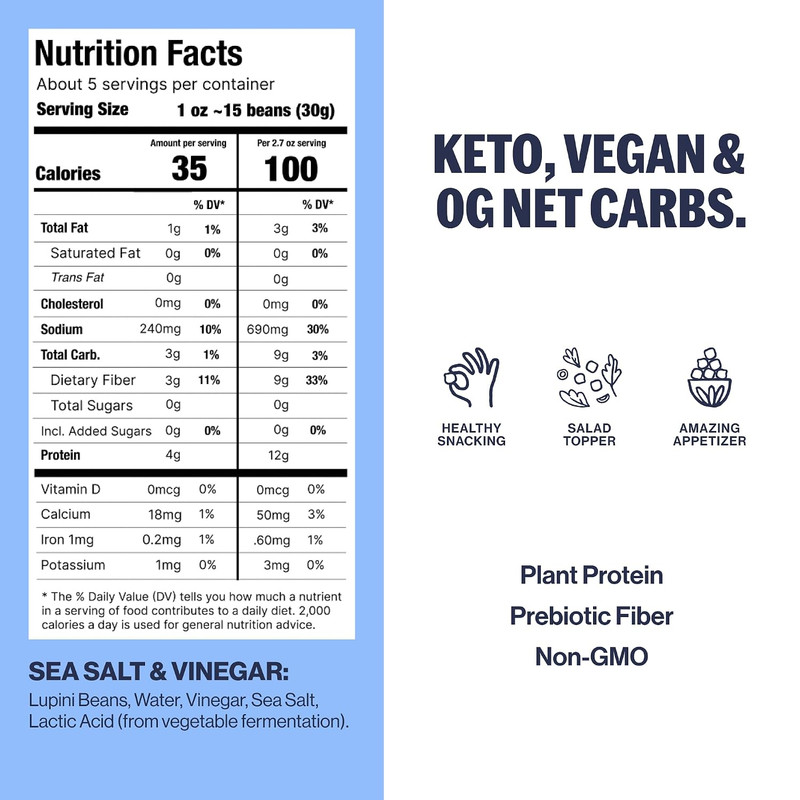 BRAMI Lupini Beans Snacks, Sea Salt & Vinegar | 7g Plant Protein, 0g Net Carbs | gallery
