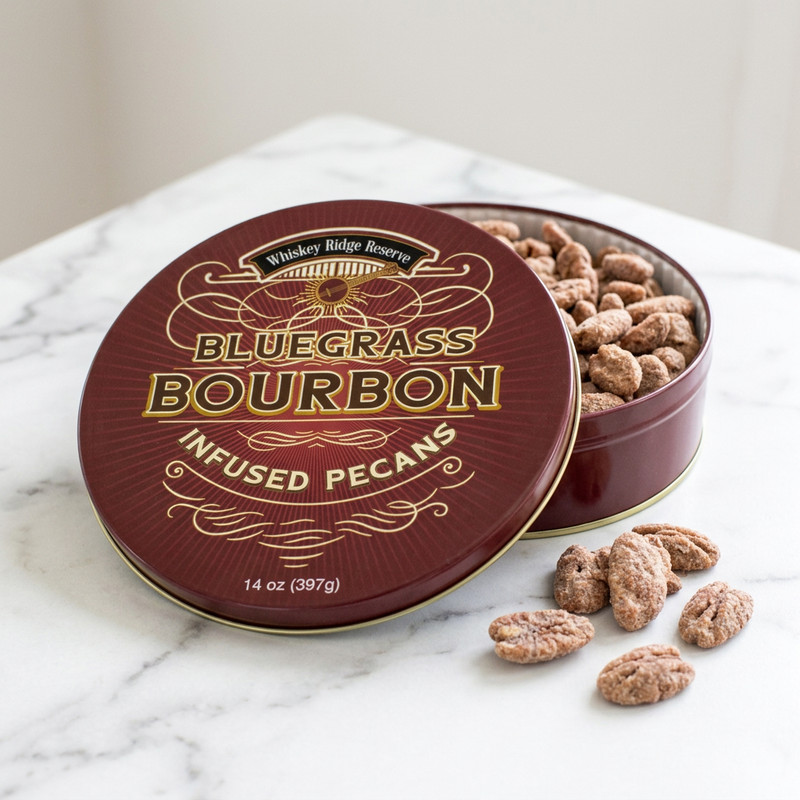 DM Snacks Bluegrass Bourbon Pecans Gift Tin 14 Oz. - Whiskey Nuts