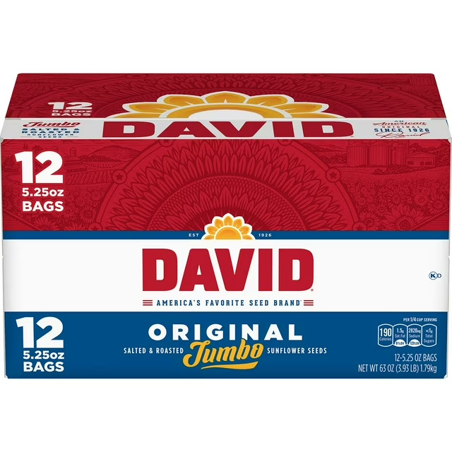 David Jumbo Sunflower Seeds 5.25 oz Bags 12 Pack Roasted Snack