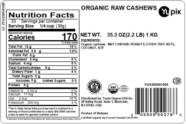 Yupik Organic Raw Cashews, 2.2 lb (35.2 oz), Kosher, Gluten-Free, Non-GMO, Ve... gallery