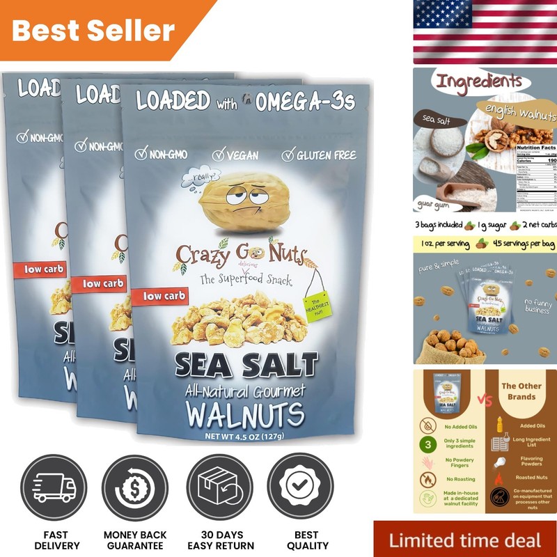 Low Carb Sea Salt Glazed Walnuts - Delicious Snack, All-Natural, 3-Pack
