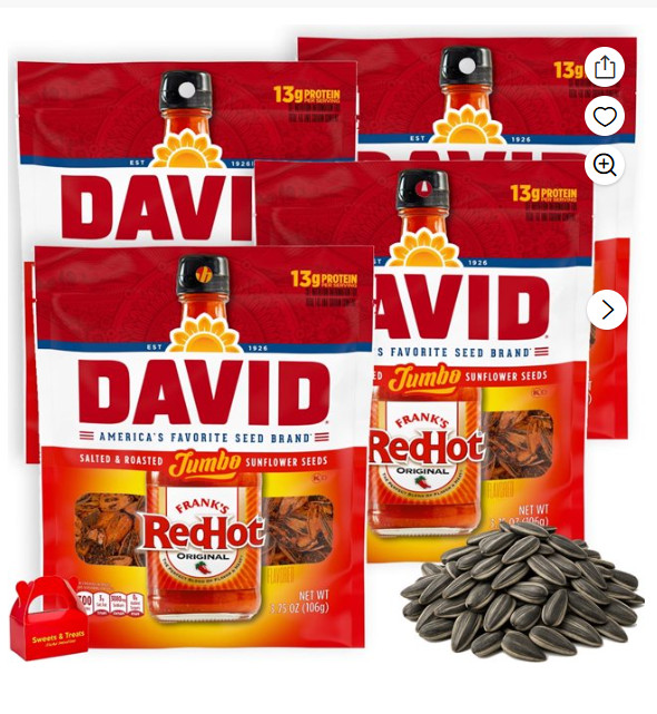 DAVID Frank’s RedHot Jumbo Sunflower Seeds, 4-Pack (3.75 oz Each)