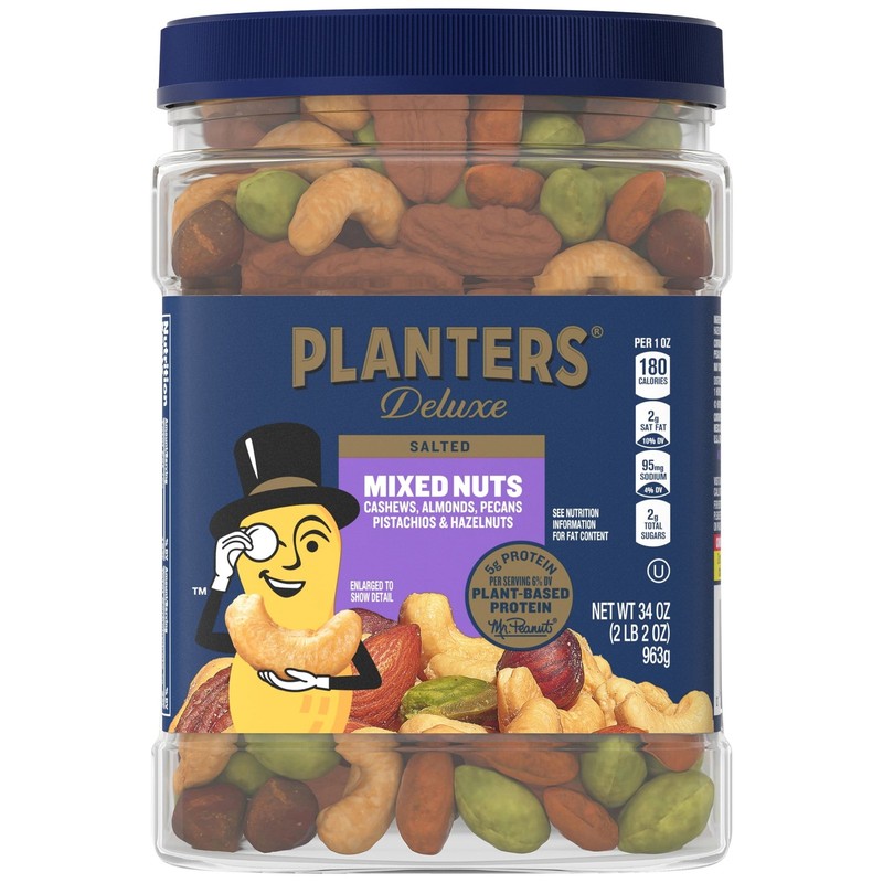 Salted Deluxe Mixed Nuts Party Snacks Plant Based Protein 34 oz Jar