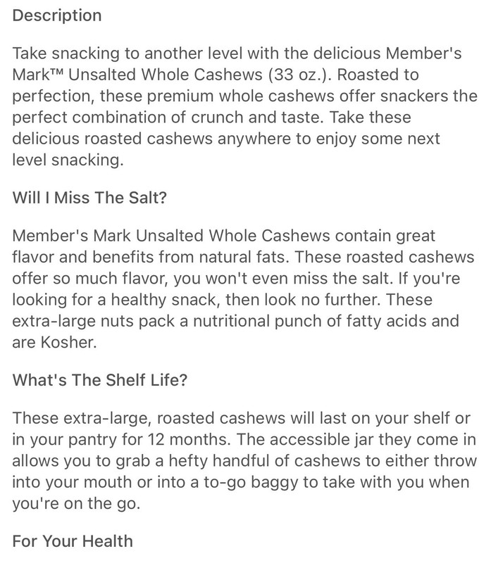 Member's Mark Unsalted Whole Cashews (33 oz.) ~ 2 Packs gallery