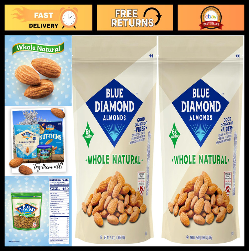 Natural Raw Almonds Snack Nuts, 25 Oz Resealable Bag, Healthy Protein (2 Pack)