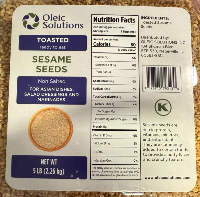 Oleic Solutions Sesame Seeds - 5LB, Toasted, Ready to eat, Non Salted gallery