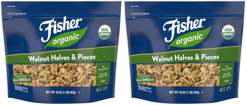 Fisher Organic Walnut Halves & Pieces 16 Oz, USDA Certified Organic Nuts, Unsalt