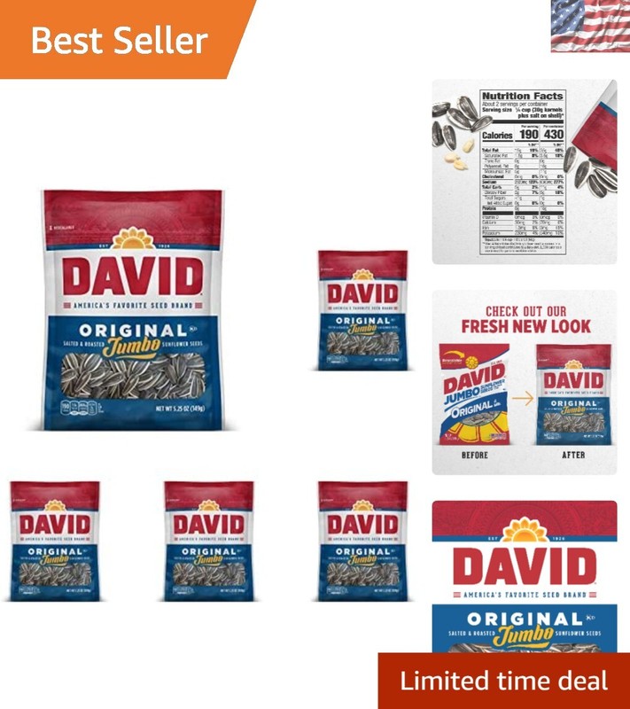 5-Pack of DAVID Roasted Jumbo Sunflower Seeds – Original Flavor, 5.25 oz Each