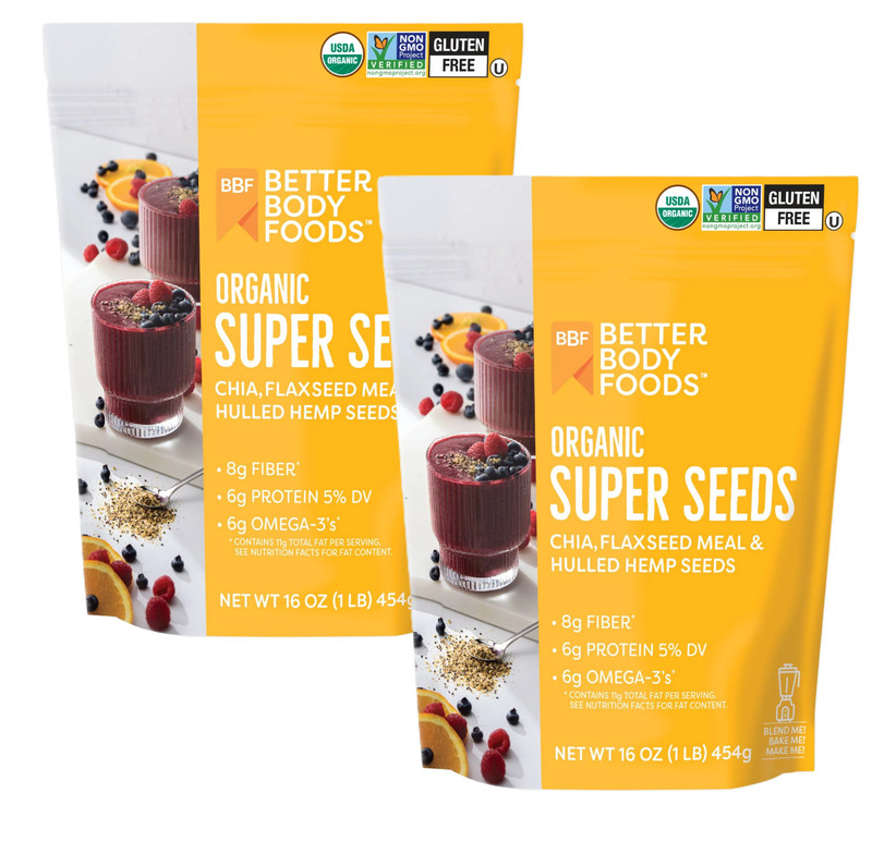 BetterBody Foods Organic Super Seeds,Chia Seeds,Flaxseed Meal,Hemp Seeds,16 oz.