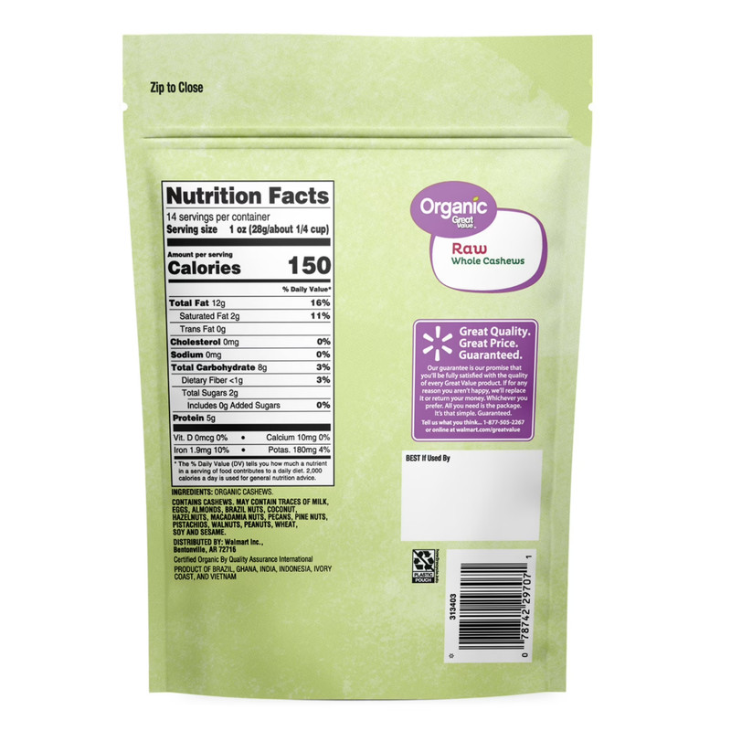 Great Value Organic Raw Whole Cashews, 14 oz gallery
