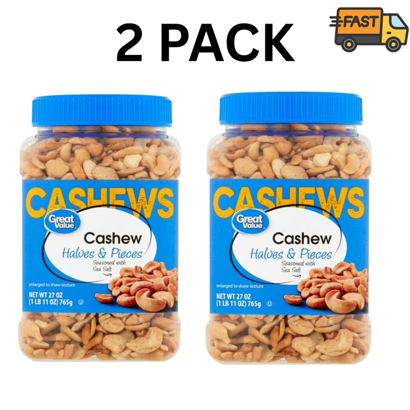 Great Value Cashew Halves & Pieces, 27 oz Bags (2 Pack) Roasted Snack Nuts