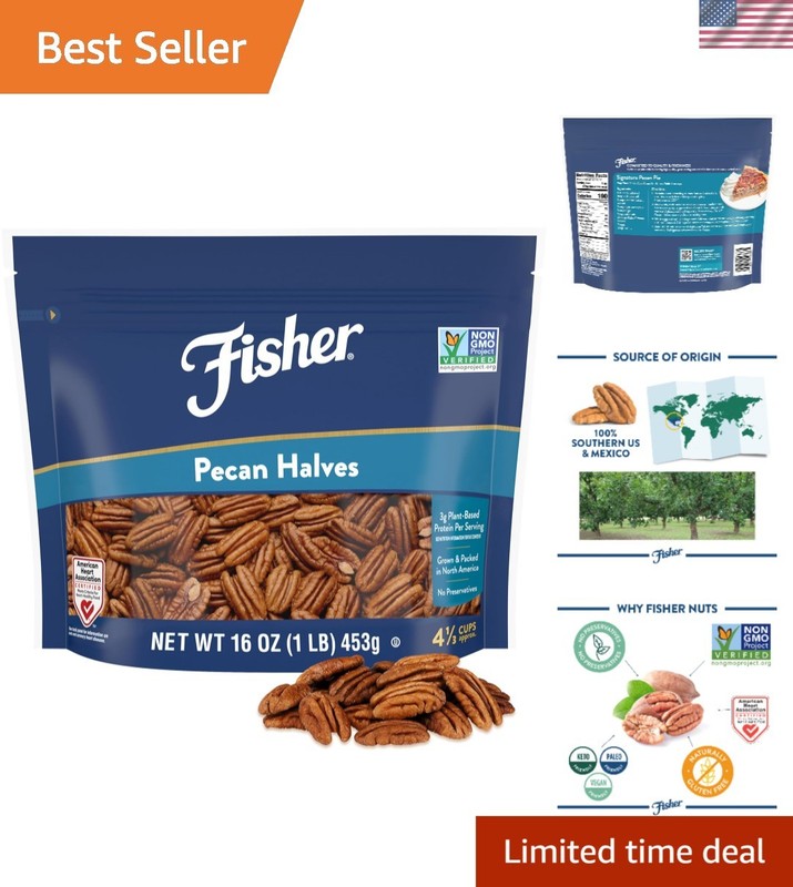 Fisher Chef’s Naturals Pecan Halves – 1 Lb Resealable Bag, Unsalted, Snack