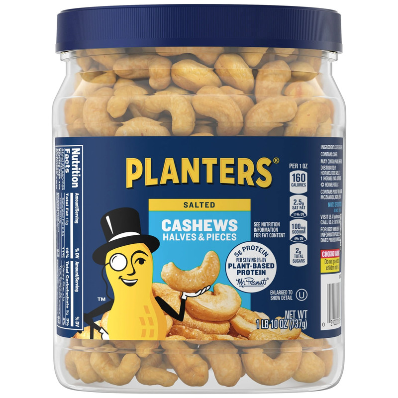 PLANTERS Salted Cashew Halves and Pieces, Party Snacks, Plant-Based Protein, 26
