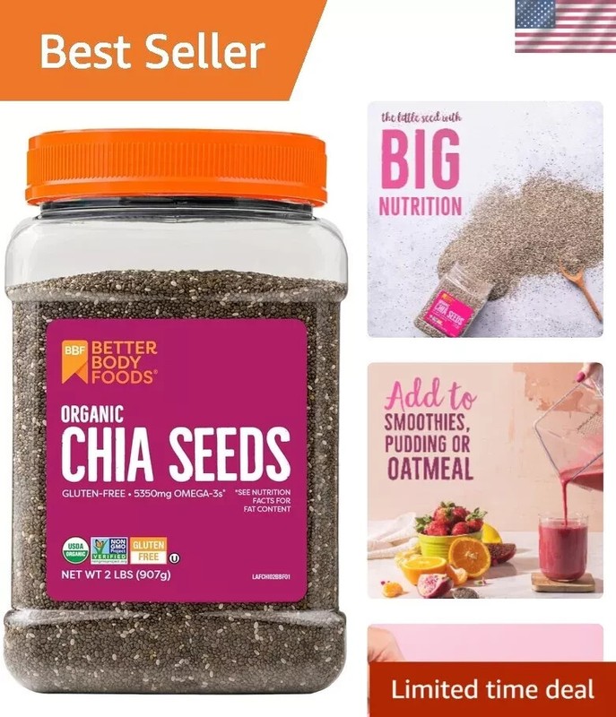 Certified Organic Chia Seeds with Omega-3 Bulk 2 LBs, Superfood, Gluten-Free