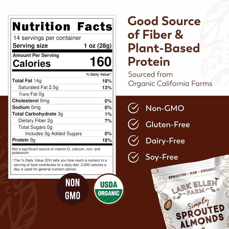 Lark Ellen Farm Organic Sprouted Almonds, Unsalted – USDA Organic, Raw, Vegan... gallery
