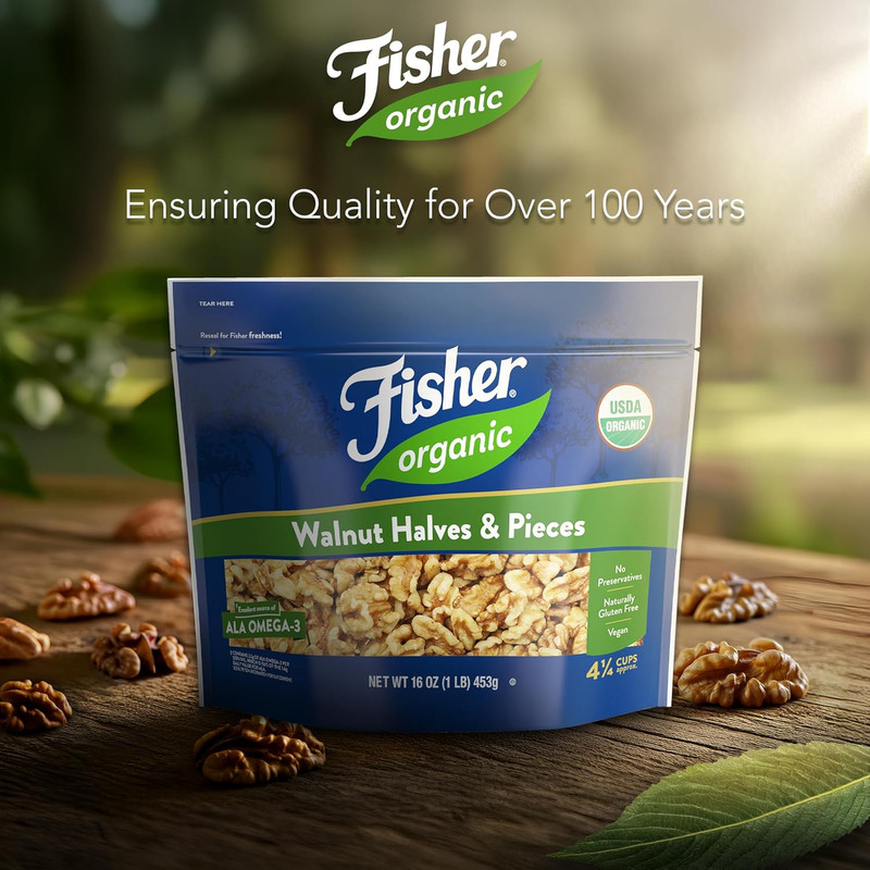 Fisher Organic Walnut Halves & Pieces 16 Oz, USDA Certified Organic Nuts, Unsalt gallery