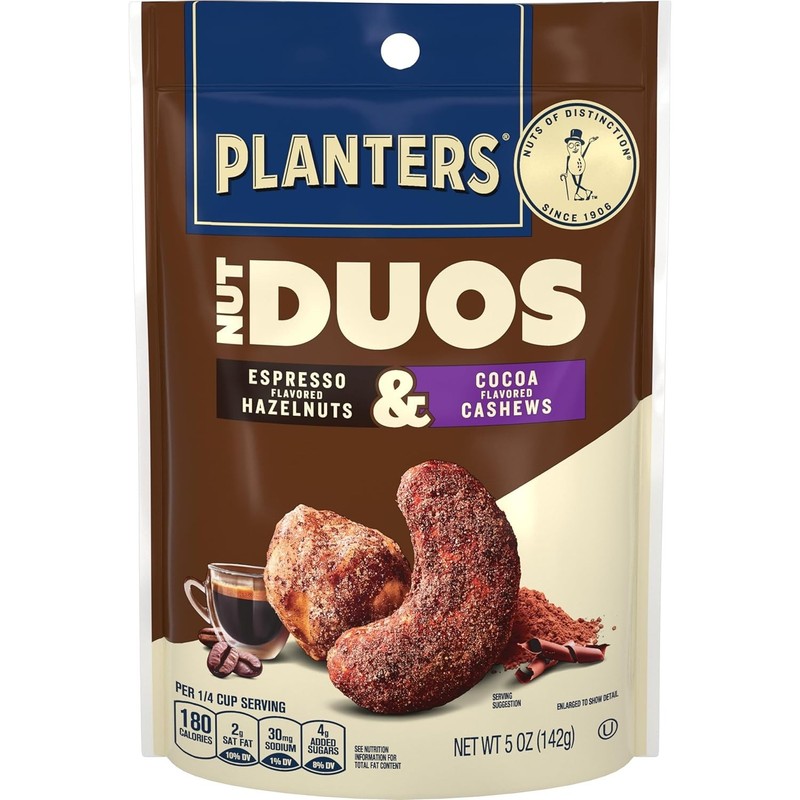 PLANTERS Nut Duos, Flavored Nuts Snack Pack - Cocoa Cashews & Espresso Hazelnuts